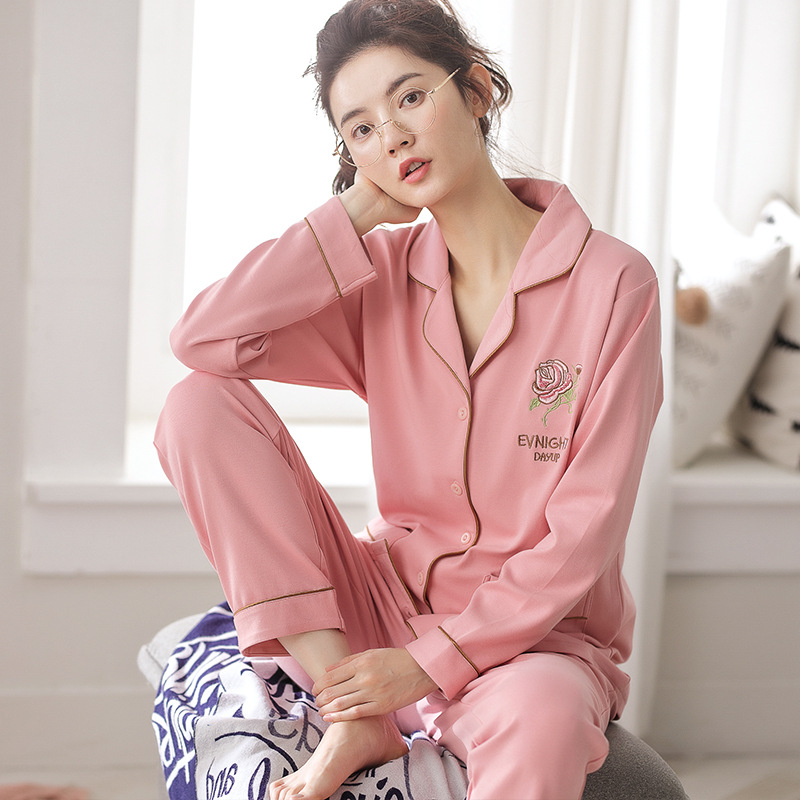 Pijamas de las mujeres de primavera y otoño de algodón de manga larga ropa para el hogar Otoño e Invierno de algodón fino estilo coreano traje de talla grande fresca