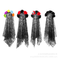 万圣节派对网纱玫瑰花发箍头扣 鬼节亡灵节黑暗风玫瑰花蕾丝头纱