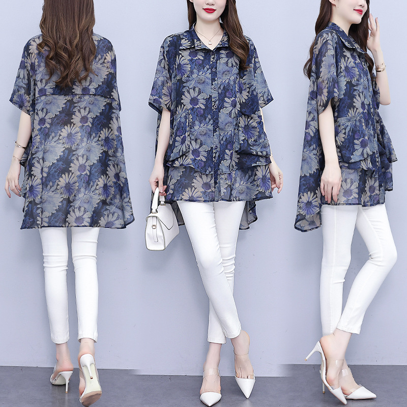 Real shot of plus-size women's summer new style fashionable and fresh double-pocket casual slimming trendy shirt
