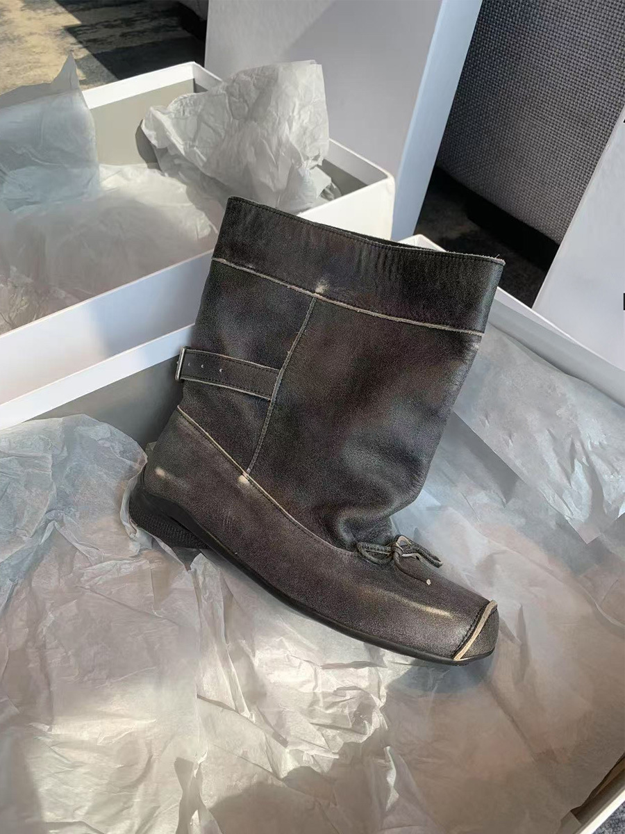 Lammfell-Version ~ Quadratische Retro-Schleife, dicke Sohle, kurze Ballettstiefel, schmale Passform, großer Schaftumfang, gerader Schaft, Western-Cowboystiefel_voghion.com