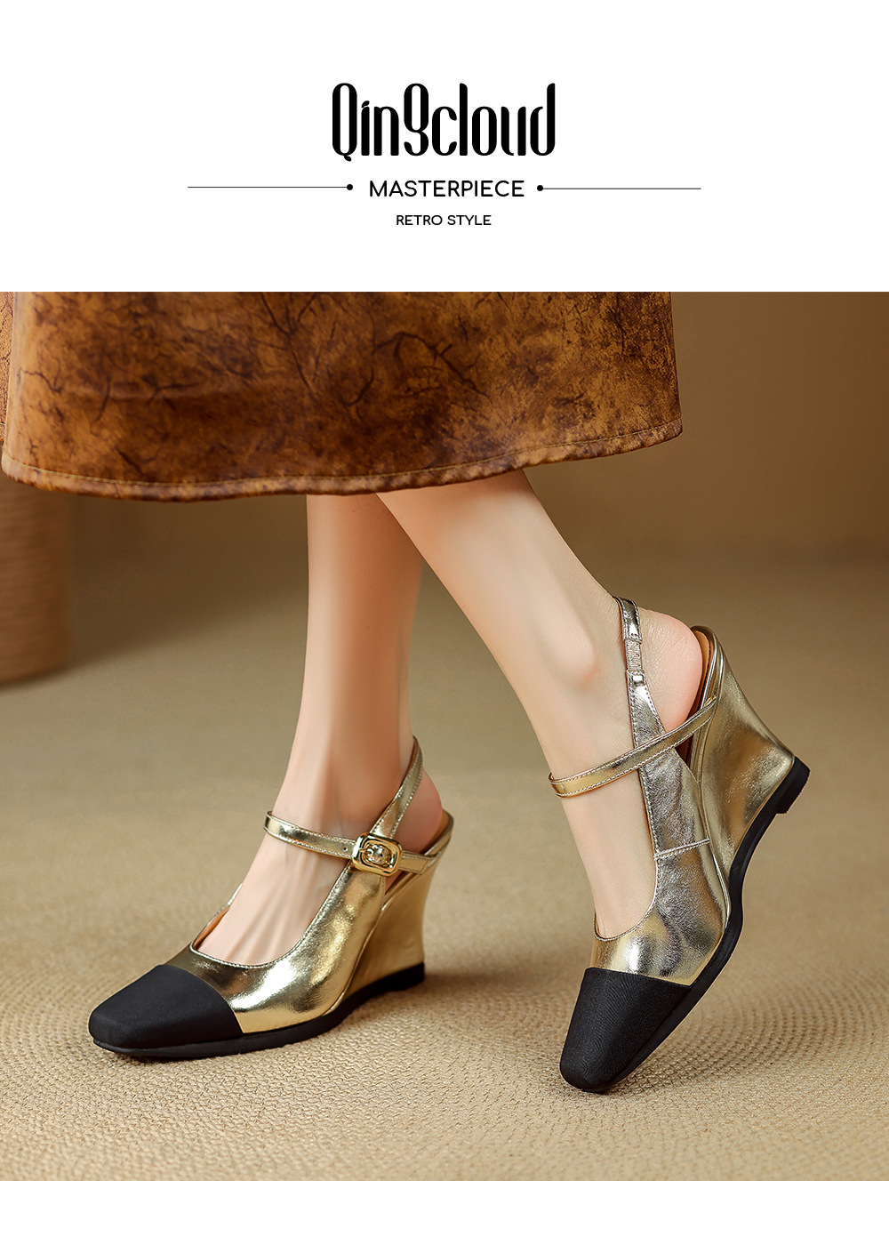 Sandal cao gót nữ mũi vuông quai ngang phong cách Chanel, gót xuồng 2026 — màu vàng, bạc chi tiết 1