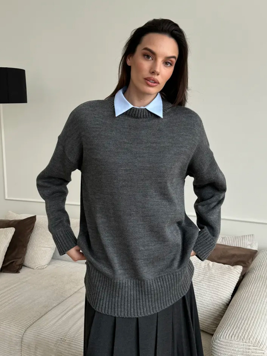 Suéter de cuello redondo transfronterizo Europa y los Estados Unidos 2025 otoño y invierno bifurcado camiseta de punto de color sólido universal cálido suéter casual mujer image 2