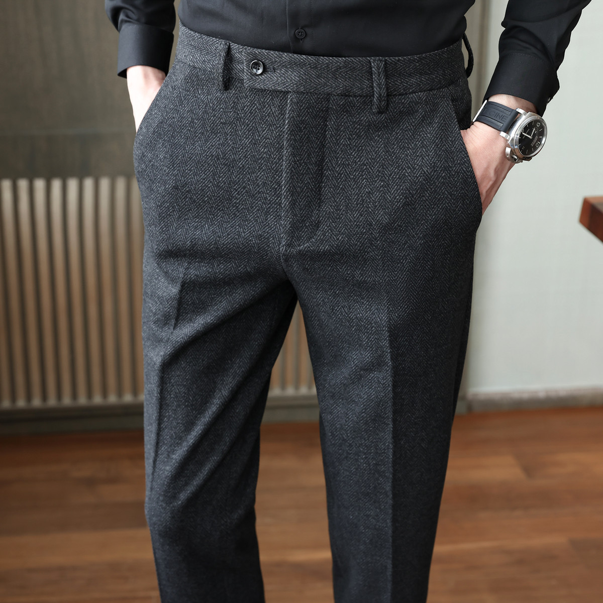 春秋毛呢料西裤男冬季人字纹呢子男士休闲裤磨毛商务西装裤子男裤