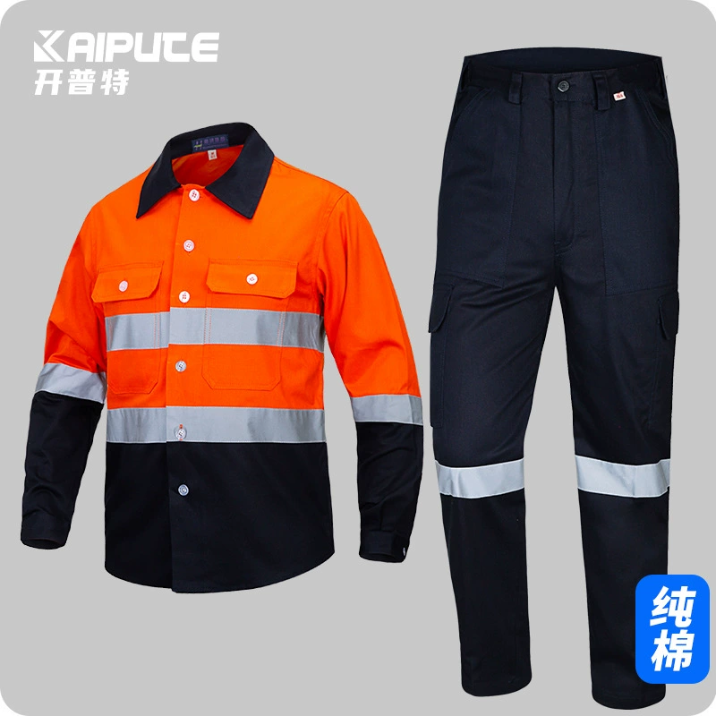 Внешняя торговля флуоресцентный оранжевый Чистый хлопок Светоотражающая рабочая одежда рубашка с лацканами дышащая сетка с вышитым на заказ логотипом Трудовая защитная одежда