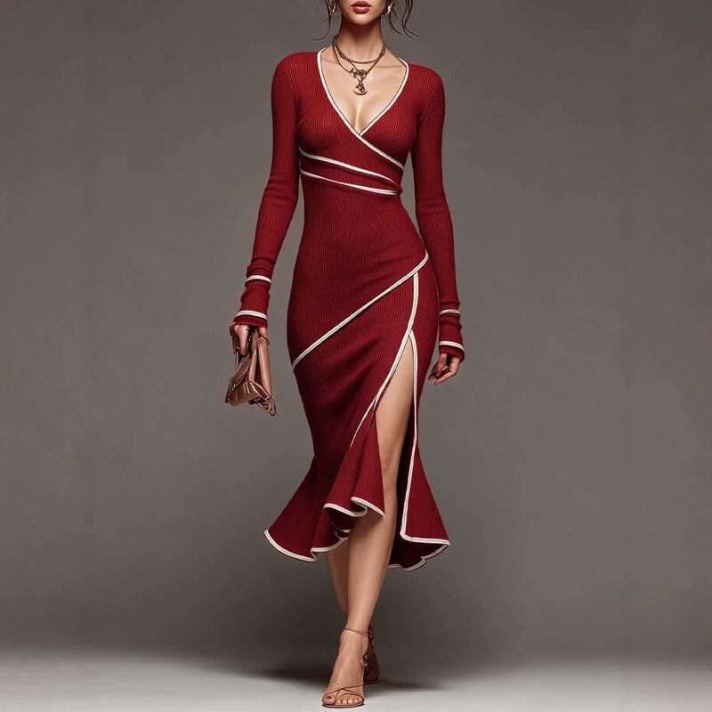 2026 Autumn/Winter Burgundy Contrast White Trim V-Neck Slit Fishtail Slim Fit Long Sleeve Knit Dress for Women 2026 Autumn/Winter Burgundy Contrast White Trim V-Neck Slit Fishtail Slim Fit Long Sleeve Knit Dress for Women