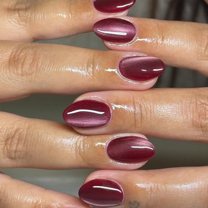 Lefan Cat Eye Flashing Nail Tips, Almond Shaped Nail Tips, Wine Red Solid Color Manicure Nail Tips, Wearable Nails Wholesale
