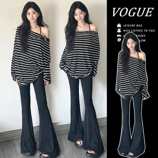 Pregnant women's clothing spring new style off-shoulder striped pregnant women's top flared pants trendy mom slim sweet fashion suit