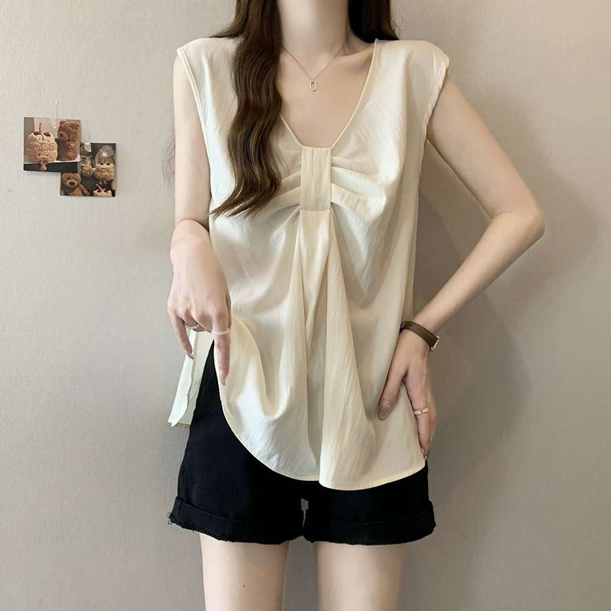 Лук широкий погон с v-образным вырезом камзол жилет для женщин носить новый летний стиль большой размер толстый мм без рукавов рубашка