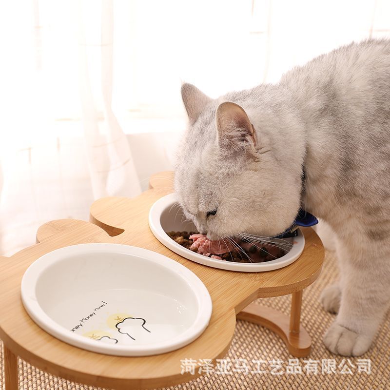 대나무 고양이 그릇, 세라믹 목 보호대, 싱글 및 더블 그릇 선반, 애완동물 피더, 개 그릇, 물 마시는 고양이 용품, 고양이 사료 그릇