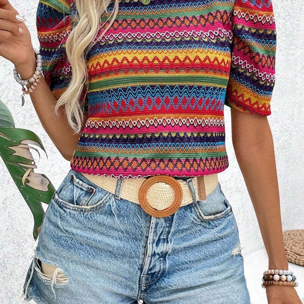 Европейские и американские трансграничные женские футболки, весенне-летние новые модные повседневные трикотажные богемные женские топы с короткими рукавами и круглым вырезом