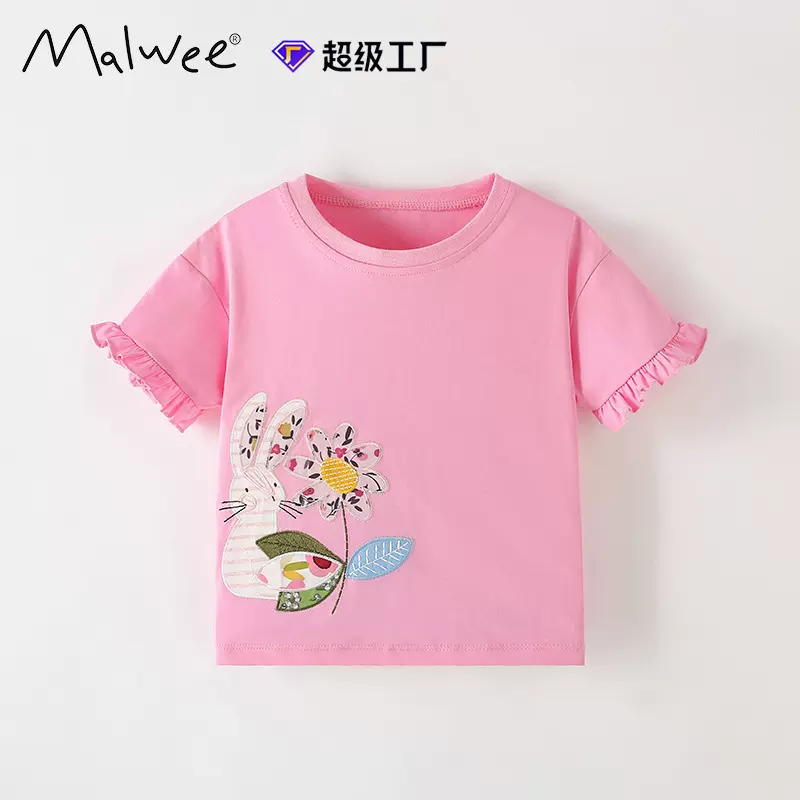 跨境专供malwee女童T恤夏季新款圆领欧美中小童短袖洋气儿童上衣