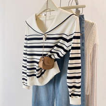 黑白条纹针织衫2025秋冬新款海军领内搭毛衣打底衫上衣设计感毛衣