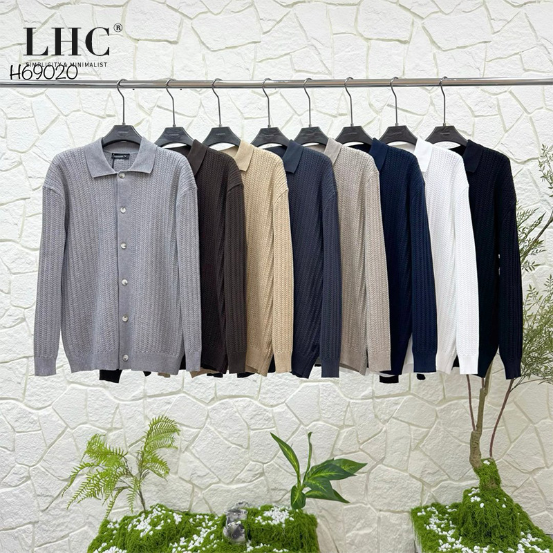 2026 new style, old-money aesthetic, collared knit cardigan, winter men's cable-knit long-sleeve sweater, solid-color casual top