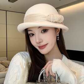 法式名媛风真丝麻蝴蝶结贝雷帽子女秋冬澳洲羊毛毡帽优雅气质礼帽