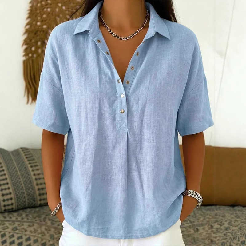 European and American Cross-Border Amazon Independent Site 2026 Summer New Women's Loose and Comfortable Collared Short-Sleeve Solid Color Shirt