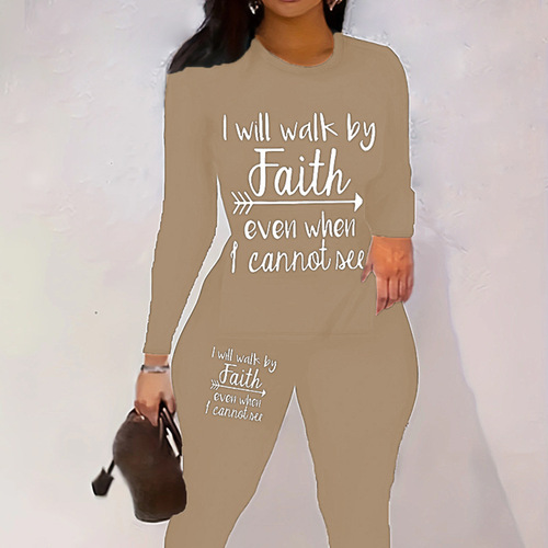 European and American fashion women's letter print long-sleeved T-shirt + pants two-piece set casual set