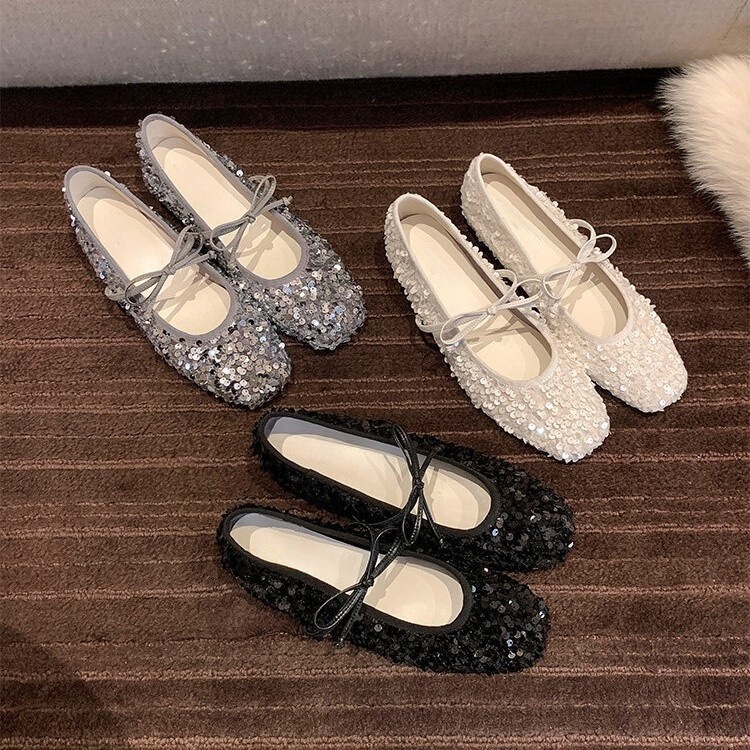 Sheepskin Version~French-Style Sequined Mary Jane Shoes for Women, 2025 Spring and Autumn New Model, Fairy-Style Bowknot, Single Strap, Shallow Design Sheepskin Version~French-Style Sequined Mary Jane Shoes for Women, 2025 Spring and Autumn New Model, Fairy-Style Bowknot, Single Strap, Shallow Design