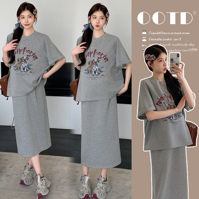 2026 New Summer Style Maternity Sports Casual Short-Sleeved Printed Slimming T-Shirt + Pig Nose Buckle Adjustable Skirt