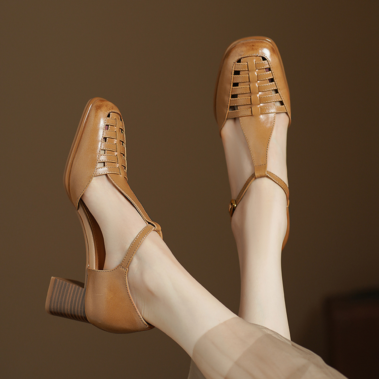 Sandal cao gót nữ mũi nhọn quai chữ T dệt hở gót, gót 5 cm — đen chi tiết 8