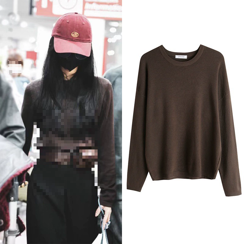 В наличии Liu Shishi Star в том же стиле элегантный соляной Серии легкий знакомый коричневый тонкий вязаный свитер с высоким смыслом нижняя рубашка для женщин