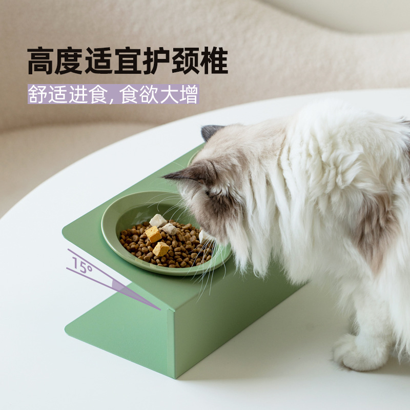 Cerámica oblicua doble tazón platillo volante sombrero de paja para mascotas gato tazón alto pie cervical soporte antidetonante comida para beber gato y perro tazón