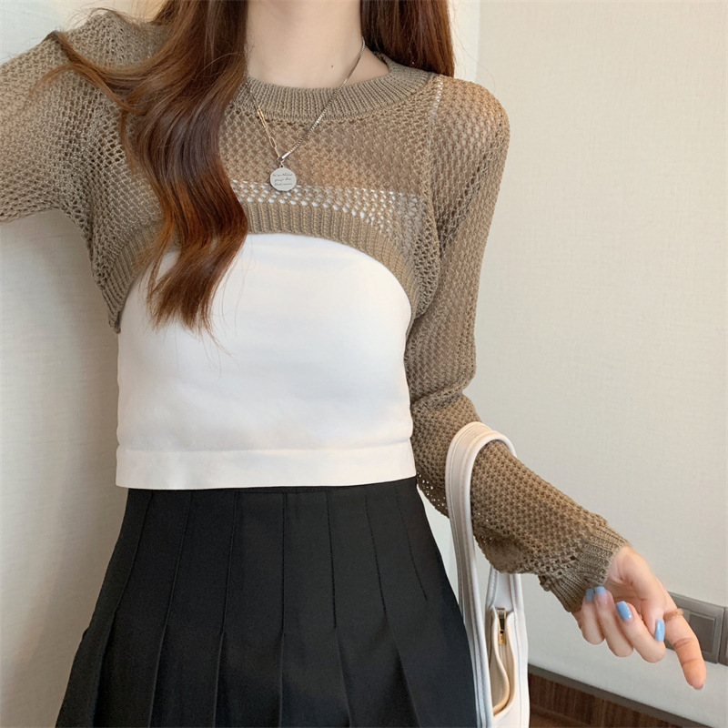 Suéter hueco corto ropa de mujer verano nuevo diseño manga larga protección solar blusa chal de seda de hielo