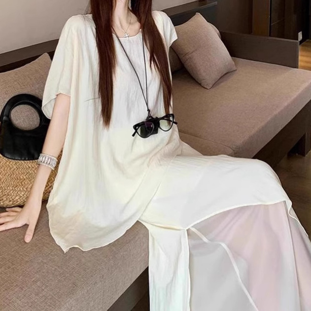 2025夏季新款松弛感气质不规则薄款T恤毛边拼接半身裙时尚套装女|undefined