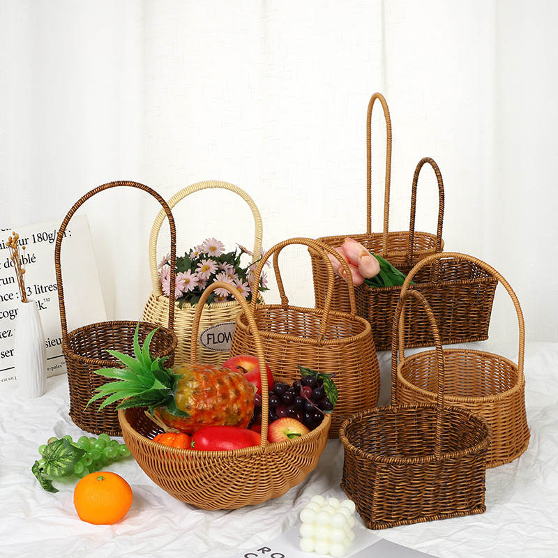 Pastoral Style Series Rattan Handheld Basket Plastic Rattan Imitation Rattan Handmade Woven Flower Basket Handbag Picnic Basket