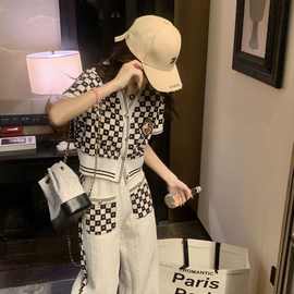 爆款小香风套装女2024年新款夏季时尚宽松气质棋盘格阔腿裤两件套