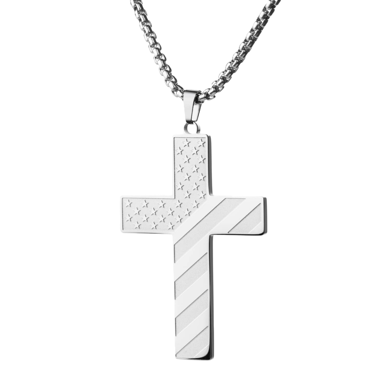 Collier croix drapeau américain étoiles et rayures acier inoxydable_voghion.com