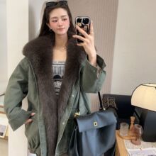 2025新高级感整皮仿大狐狸毛领皮草外套女羽绒棉内胆中长款派克服