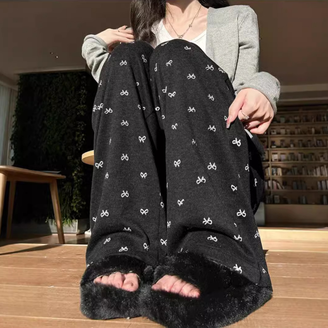 金韩糯米绒蝴蝶结阔腿裤女春季新款裤子垂感长裤慵懒风高腰宽包邮