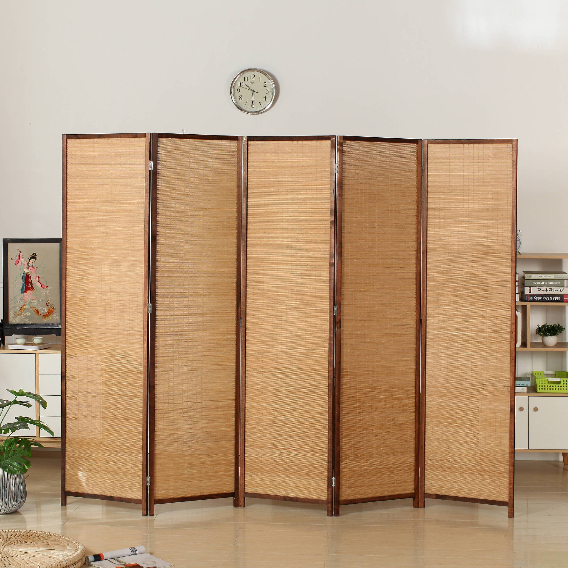 New Chinese Style Red Brown Slightly See-Through Solid Wood Screen Partition Living Room Simple Modern Bamboo Wood Mobile Folding Partition Screen