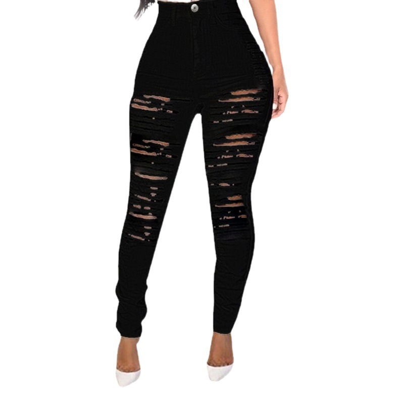 El comercio exterior de AliExpress deseo Amazon Europea y Americana personalizada rasgado Delgado elástico cintura alta Denim pantalones flacos image 1
