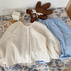 女童夏季新款文藝淑女風襯衫兒童蕾絲刺繡上衣女寶寶洋氣圓領襯衣