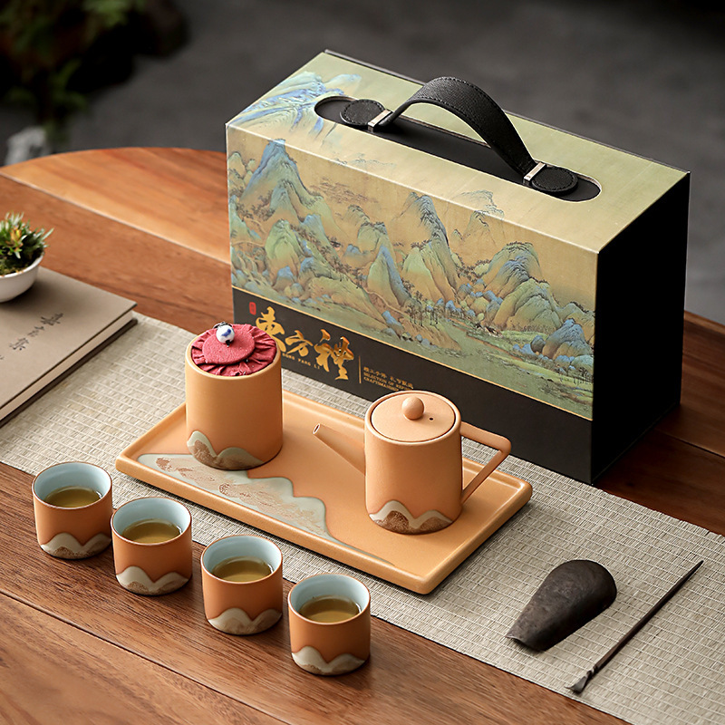 千里江山茶器セット家庭用日本式ティーポットセット陶磁器工夫茶器セットセットギフトボックス|undefined