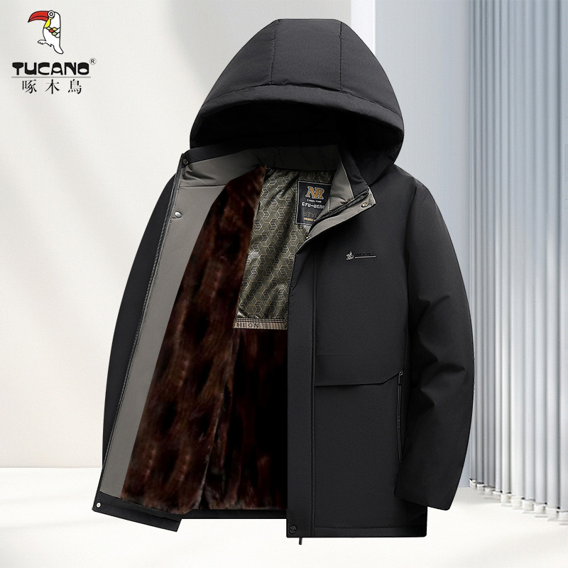 Woodpecker Cotton Jacket for Middle-Aged Men, Winter Thickened Fleece-Lined Hooded Cotton Coat, Warm Father's Cotton-Padded Jacket