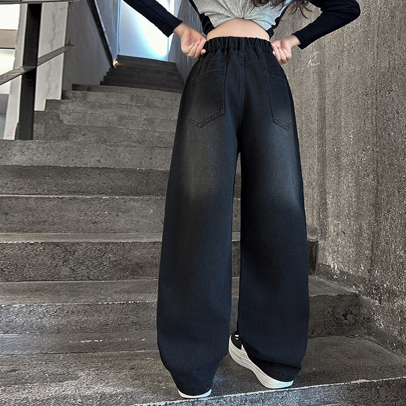 (2개) 소녀 가을 청바지 2024 십대 검은 바지 큰 아이 학생 느슨한 외부 착용 레트로 넓은 다리 바지