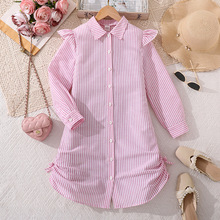 女童连衣裙跨境童装2025欧美秋季新款休闲长款条纹长袖收腰衬衫裙
