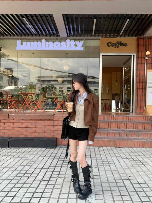 美拉德套装假两件条纹衬衫女秋季咖色麂皮绒外套夹克短上衣两件套|undefined