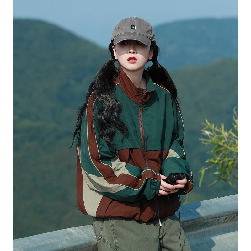 Outdoor Waterproof Workwear Jacket for Female Students, Fashionable Street Fashion Brand Splicing Contrasting Color Casual Jacket Autumn