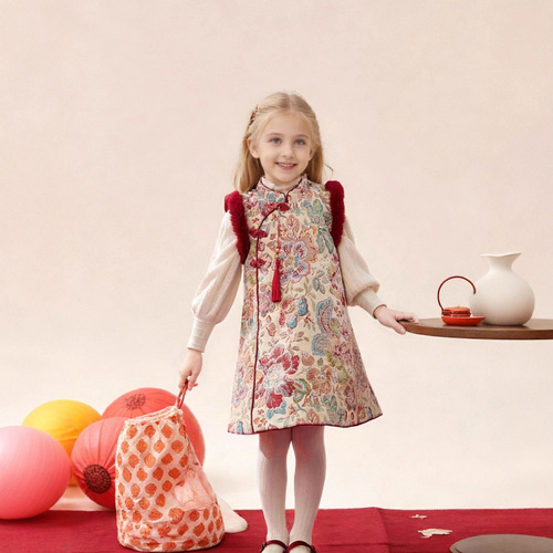 Thick national style 2025 girls 'cotton clothes New Year's clothes, cotton dress, red warm holiday children's dress