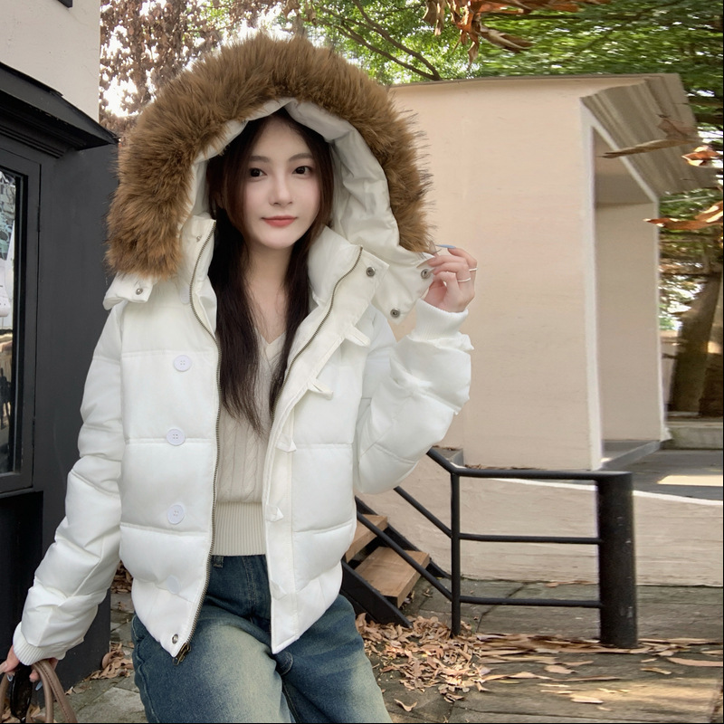 外贸2025冬季新款连帽棉衣棉服显瘦韩版洋气简约大毛领短款外套女|undefined