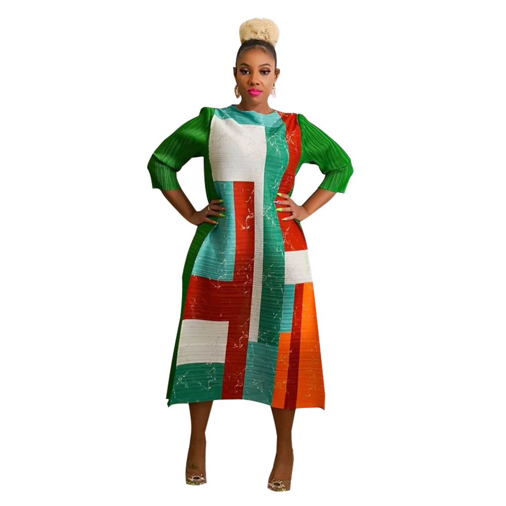 K10500 ropa de mujer de moda transfronteriza europea y americana miyake popular cuello redondo impreso vestido plisado nuevo image 11
