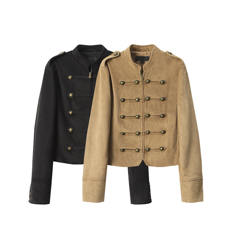 ZA 2026 Spring New Women's Jacket in Khaki Suede with Stand Collar, Double-Breasted, Epaulettes, Short Style ZA 2026 Spring New Women's Jacket in Khaki Suede with Stand Collar, Double-Breasted, Epaulettes, Short Style