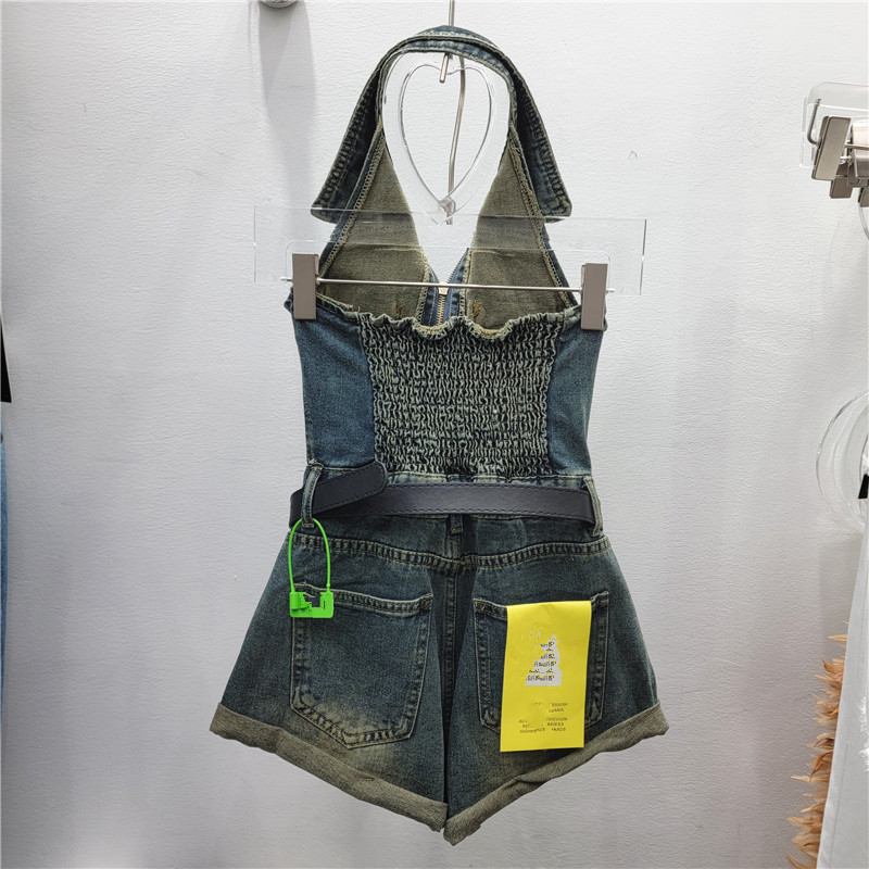 Verano nuevo estilo coreano cuello POLO sin mangas Chaleco de un solo pecho + cintura alta curling pantalones cortos de pierna ancha traje de mezclilla de las mujeres