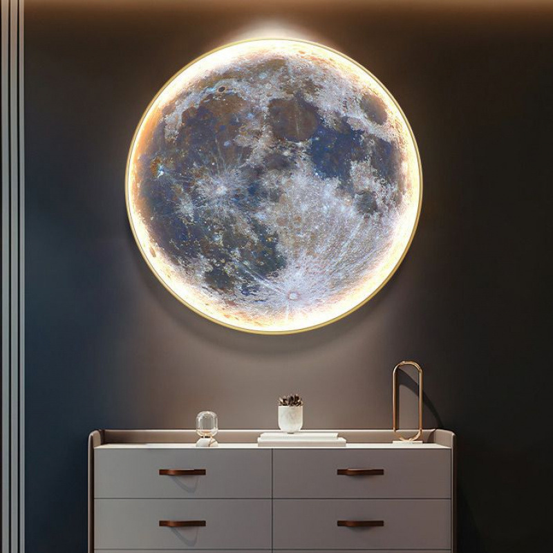 Luna moderna lujosa redonda iluminante fondo planetario pared decoración pintura de dormitorio sala de estar sofá porche colgar mural