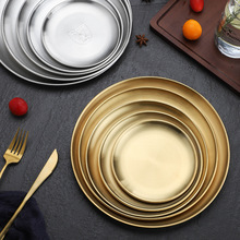 韩式不锈钢304烤肉盘圆盘金色甜品盘自助餐盘子西餐盘装饰盘烧烤