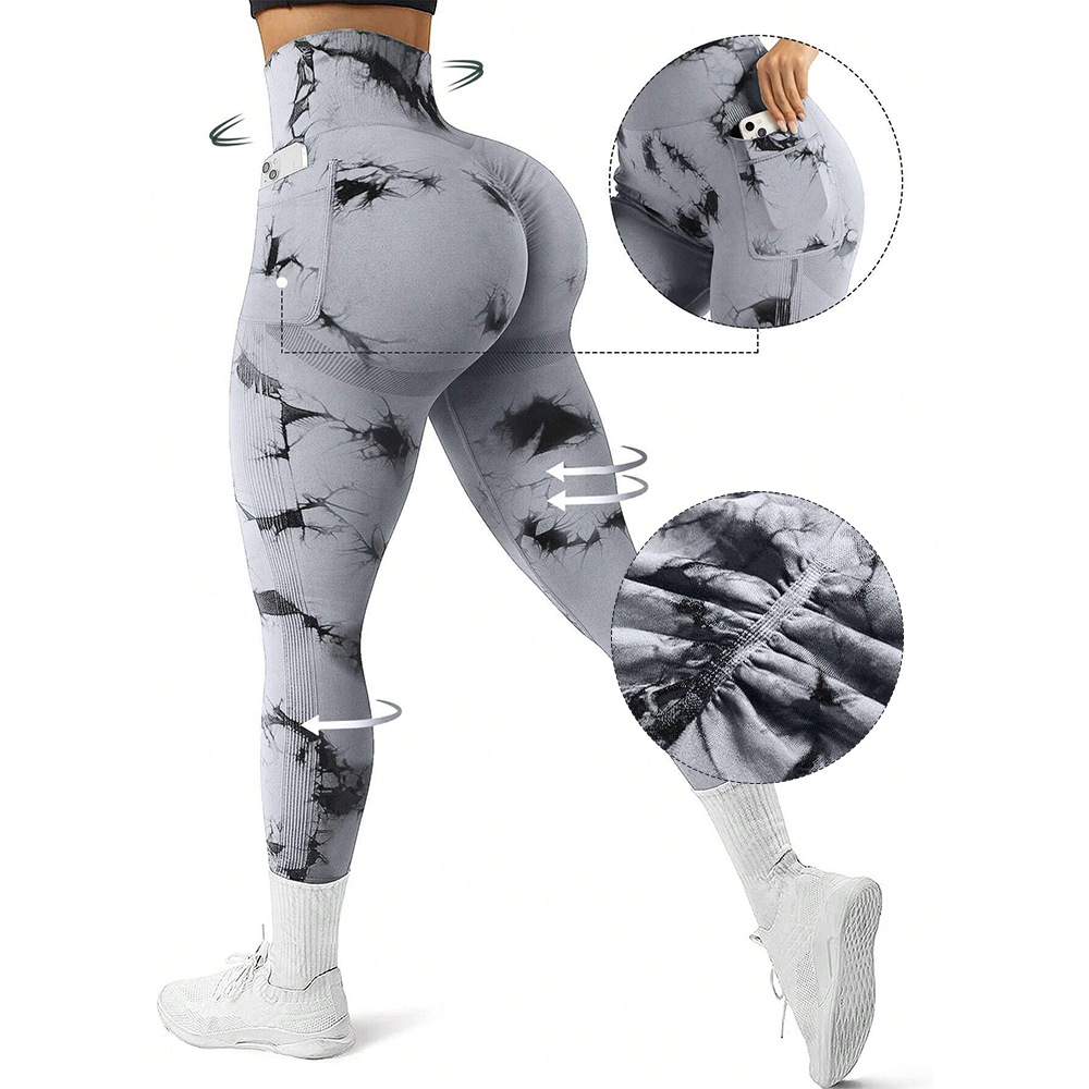 Nuevo estilo transfronterizo sin costuras tiñido de alta elasticidad, bolsillo apretado de peldaño, entrenamiento deportivo, pantalones de yoga para correr