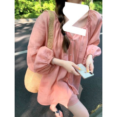 法式慵懒风防晒衬衫短裤两件套薄款抽绳女夏泡泡袖开衫套装遮肚
